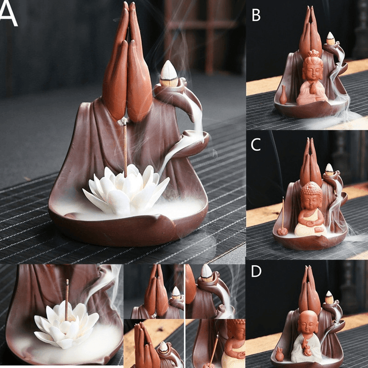 Little Monk Lotus Backflow Ceramic Cone Buddhist Incense Burner Holder Decorations - MRSLM