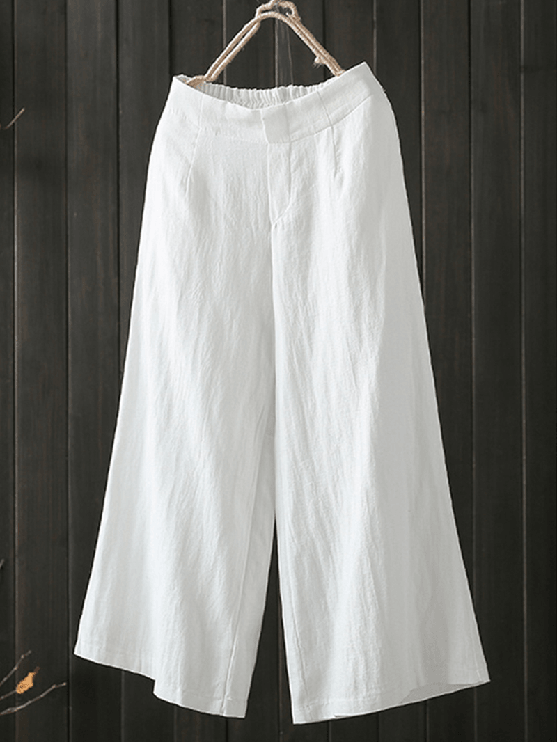 Women High Elastic Waist Loose Cotton Wide Leg Pants with Pockets - MRSLM