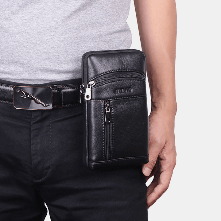 Men Genuine Leather 6.5 Inch Retro Phone Bag Belt Bag Crossbody Bag - MRSLM