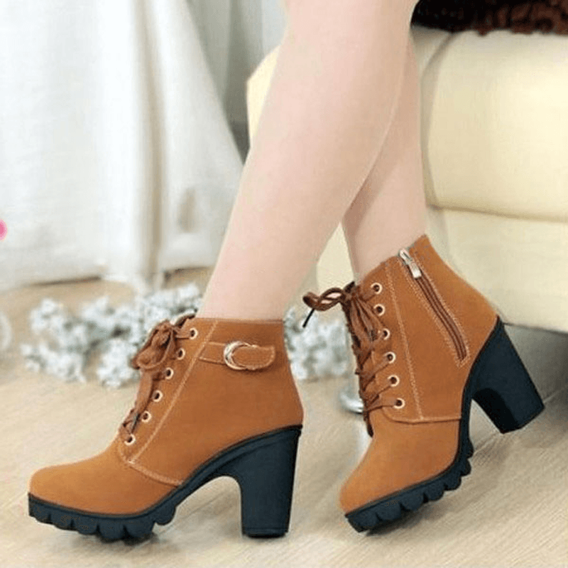 Women Girl High Top Heel Ankle Boots Winter Pumps Lace up Buckle Suede Shoes - MRSLM