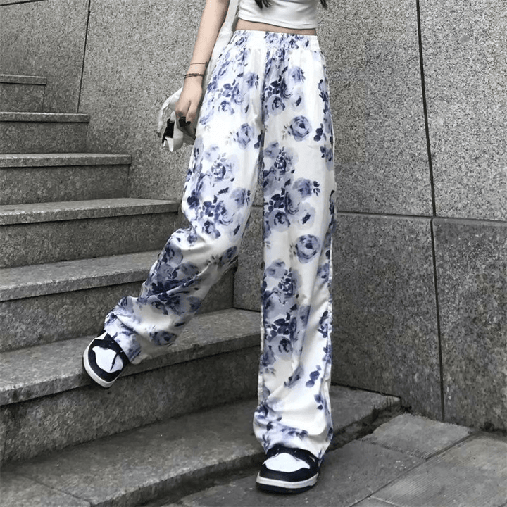 Tie-Dyed Floral Wide-Leg Pants Women Loose and Casual Mopping the Floor - MRSLM