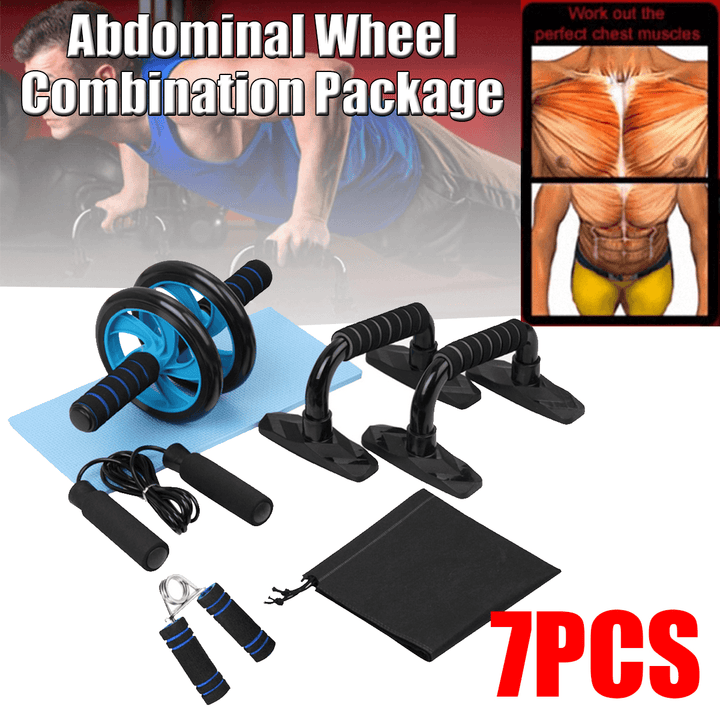 KALOAD 8PCS Abdominal Training Set Non-Slip AB Wheel Roller Resistance Band Jump Rope Fitness Gym Exercise Tools - MRSLM