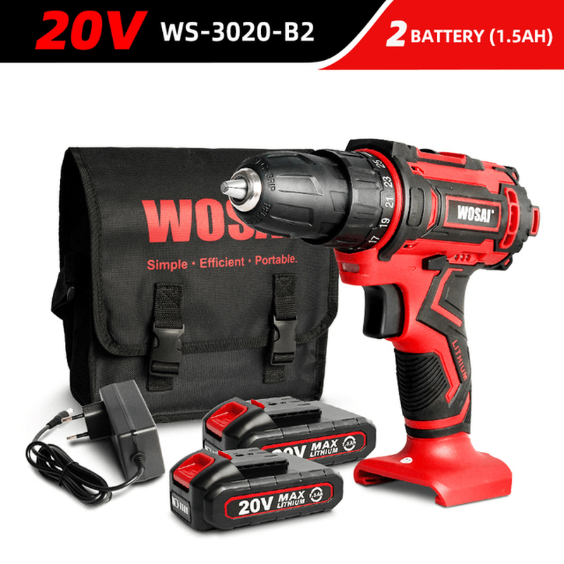 WOSAI 20V Cordless Drill Electric Screwdriver 3/8 Inch Mini Wireless Power Driver DC Lithium-Ion Battery - MRSLM