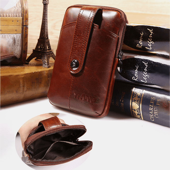 Men Genuine Leather Retro Multifunction 6 Inch Phone Bag Crossbody Bag Waist Bag - MRSLM