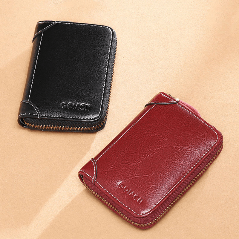 Women 12 Card Slots Rfid Genuine Leather Short Zipper Coin Purse Wallet - MRSLM