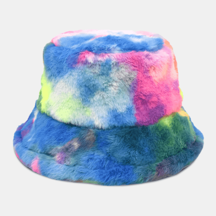 Unisex Faux Rabbit Fur Colorful Gradient Tie-Dye Bucket Hat Winter Thicken Warmth Windproof Fashion Sunshade Hat - MRSLM