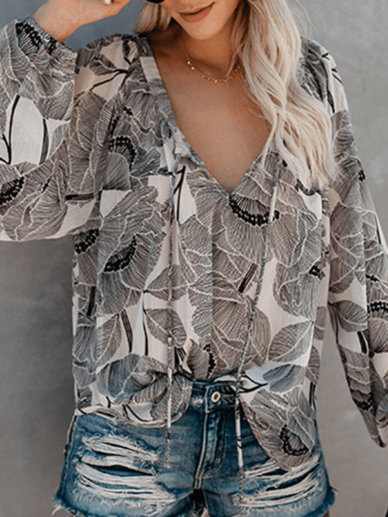 Women V Neck Boho Floral Print Blouse - MRSLM