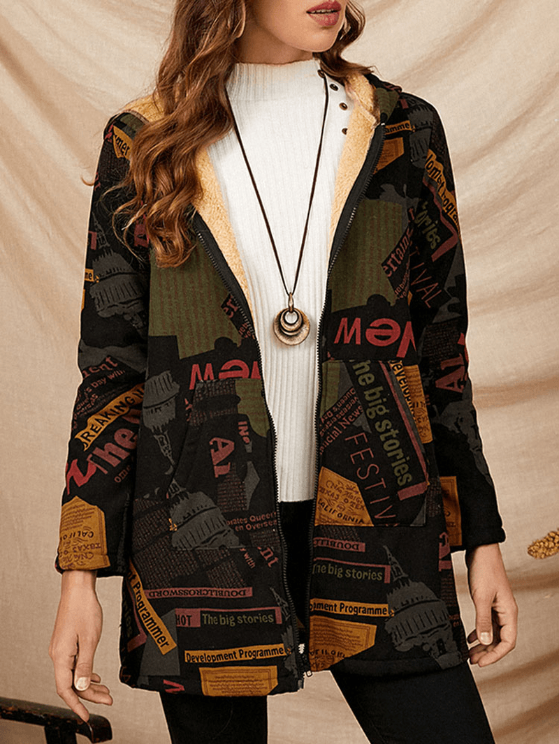 Women Hooded Plush Patchwork Letter Print Pocket Zip Front Long Sleeve Casual Jackets - MRSLM