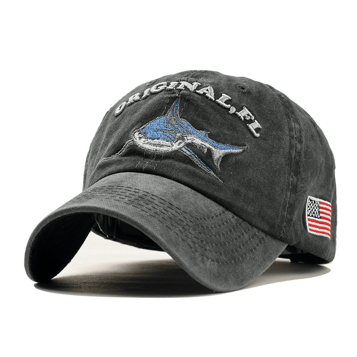 Men Women Denim Sunshade Hat Embroidered Letter Shark Washed Baseball Cap - MRSLM