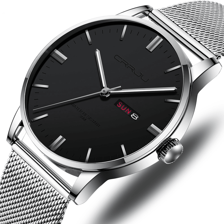 CRRJU 2168 Fashion Mesh Steel Date Week Luminous Display Casual Simple Dial Men Quartz Watch - MRSLM