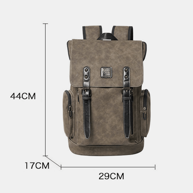 Men PU Leather Multi-Pocket Large Capacity Student Backpack Vintage 15.6 Inch Laptop Bag - MRSLM