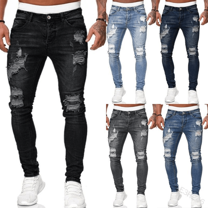 Ripped White Slim Denim Trousers Fashion Foot Pants - MRSLM