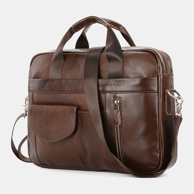 Men Genuine Leather Multi-Pocket Vintage 14 Inch Laptop Bag Briefcases Crossbody Bag Shoulder Bag Handbag - MRSLM