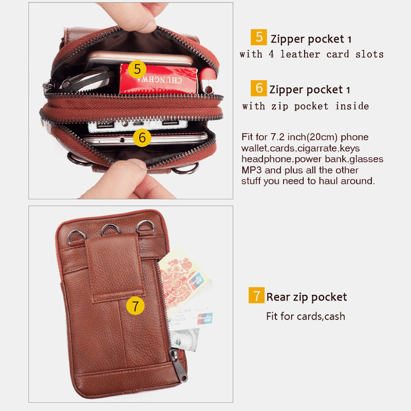 Men Genuine Leather Cowhide Multi-Carry Retro 7.2 Inch Phone Crossbody Bag Hanging Belt Bag Waist Bag - MRSLM