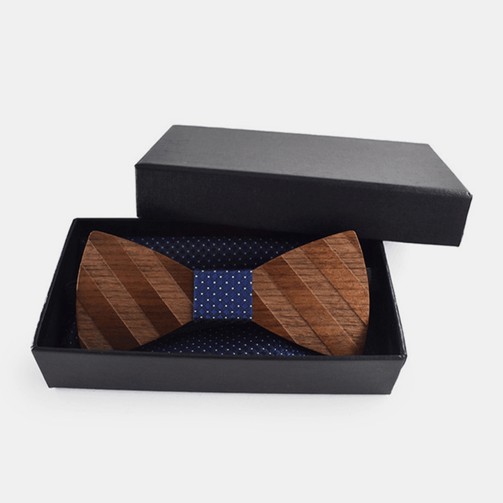 Men 4PCS Wedding Birthday Gift Set Square Scarf Cufflinks Brooch Wooden Bowtie Combo Set - MRSLM