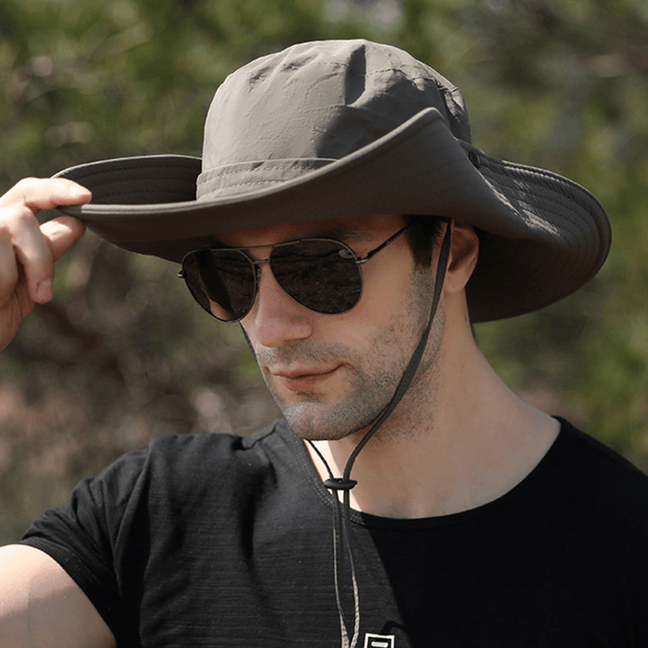 Men Dual-Use Anti-Uv Bucket Hat Big Brim Windproof Rope Adjustable Outdoor Fishing Sunshade Hat - MRSLM