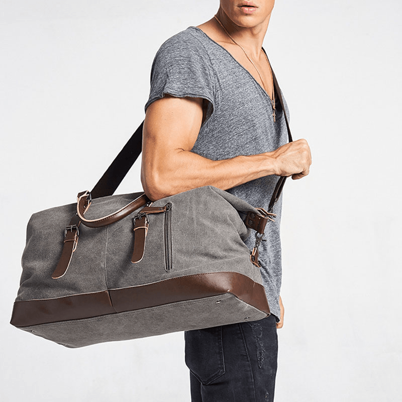 Men Canvas PU Leather Large Capacity Multi-Pocket Handbag Shoulder Bag Travel Bag Duffle Bag Crossbody Bag - MRSLM