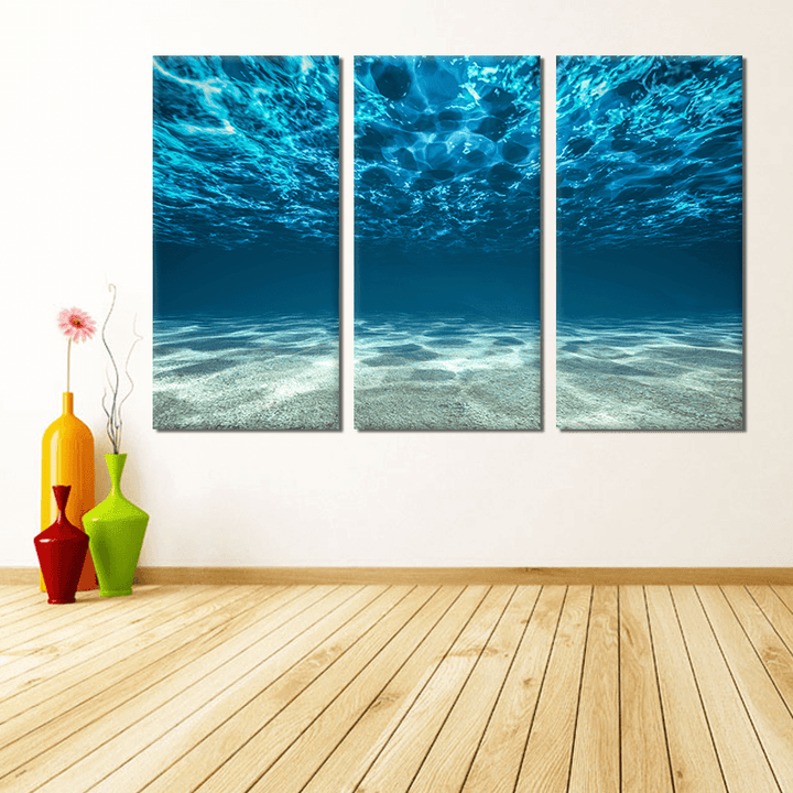 Miico Hand Painted Three Combination Decorative Paintings Light Blue Seawater Wall Art for Home Decoration - MRSLM