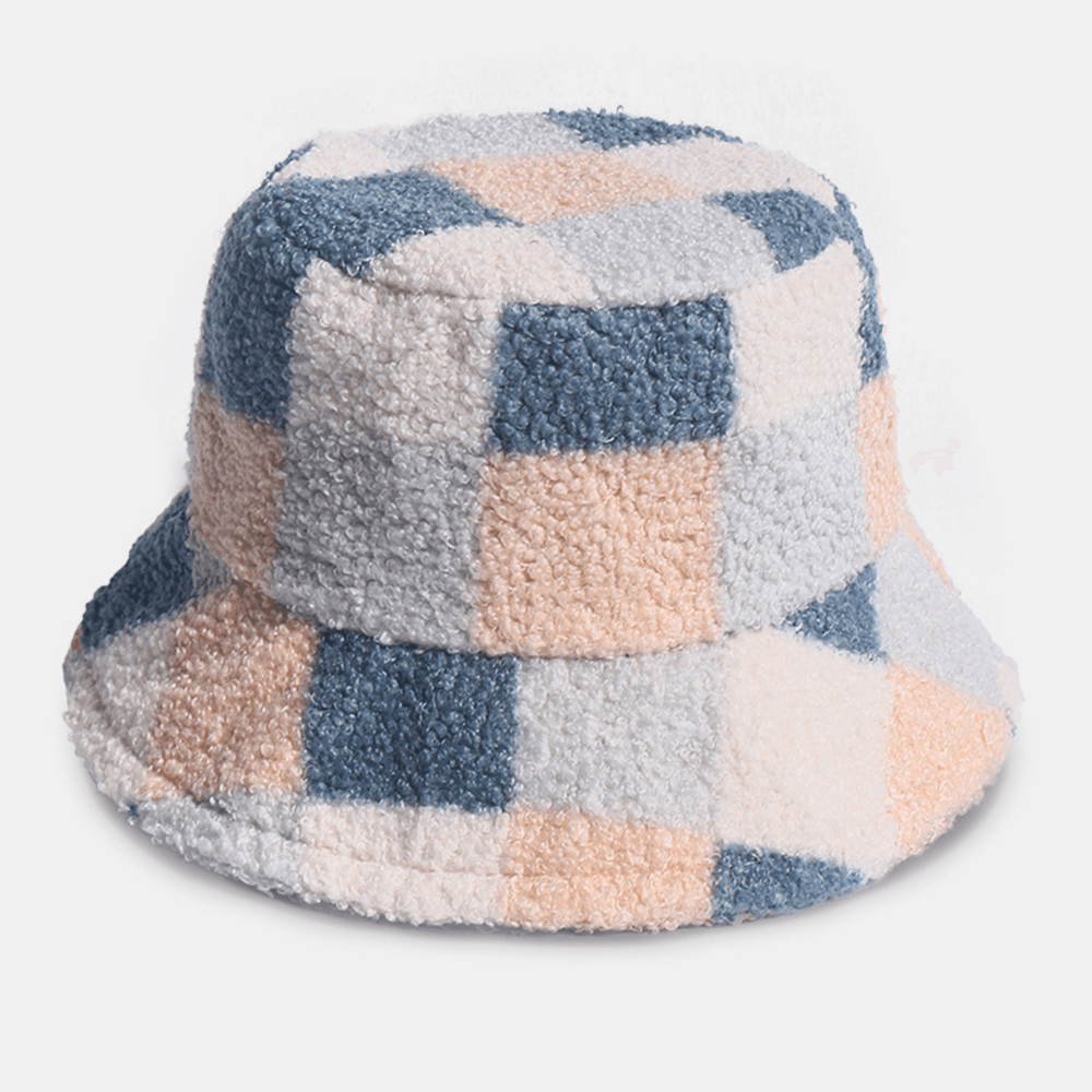 Women Cotton Lamb Hair Warm Casual Fashion All-Match Lattice Pattern Bucket Hat - MRSLM