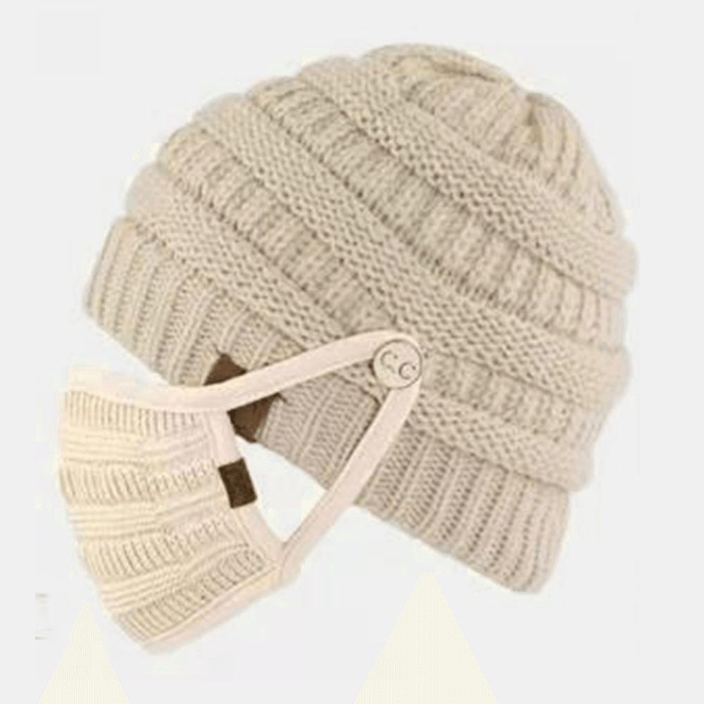 Women 2PCS Woolen plus Thicken Keep Warm Ear Face Protection Knitted Hat Mask with Fluff Ball - MRSLM