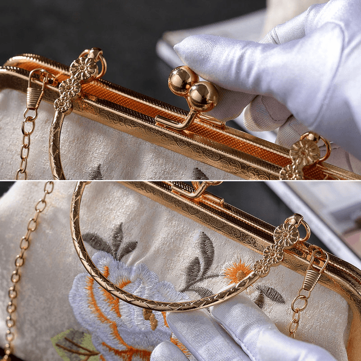 Women Elegant Chinese Style Flower Pattern Embroidery Handbag Exquisite Hardware Design Fine Texture Fabric Cheongsam Clutch Bag - MRSLM