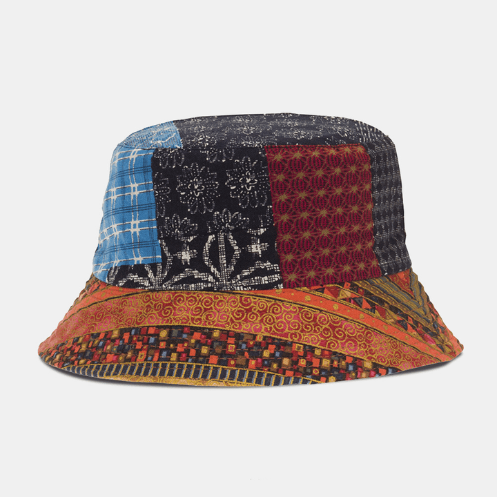 Women Ethnic Cashew Flower Print Sun Hat Cotton Double-Sided-Wear Patchwork Casual Sunshade Bucket Hat - MRSLM