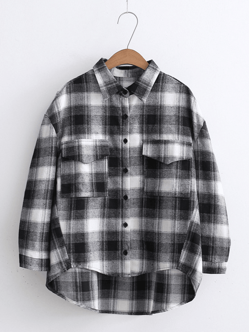 Loose Plaid Long Sleeve Turn-Down Collar Blouse - MRSLM