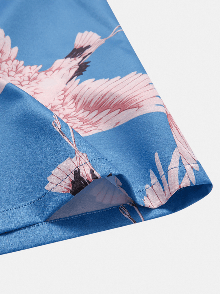 Men Chinese Style Crane Print Pocket Luxury Faux Silk Pajama Sets - MRSLM