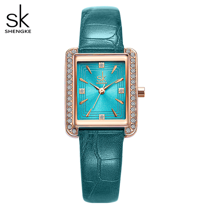 Shengke K0151 Rhinestone Decoration Rectangular Dial PU Leather/ Steel Mesh Strap 3ATM Women Quartz Watch - MRSLM