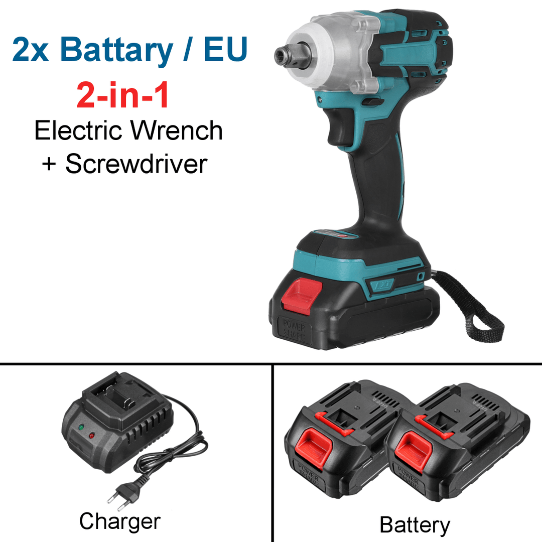 2 in 1 188VF 588N.M. Li-Ion Brushless Cordless Electric 1/2" Wrench 1/4"Screwdriver Drill W/ 1/2 Battery & 4 Sleeves - MRSLM