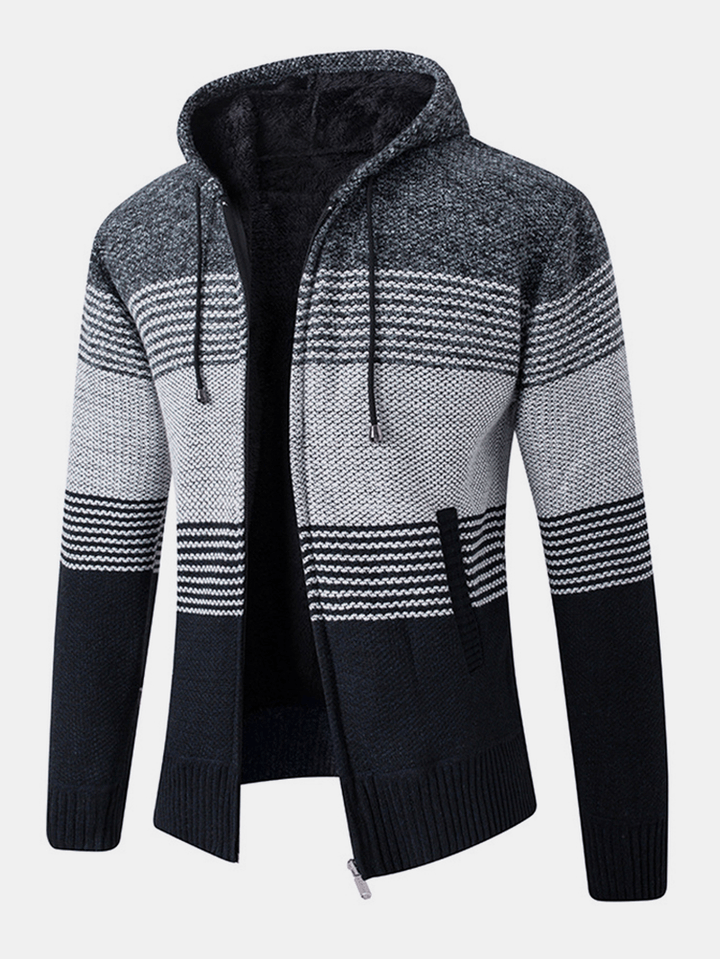 Mens Stripe Colorblock Knitted Fleece Lined Warm Hooded Cardigans with Pocket - MRSLM