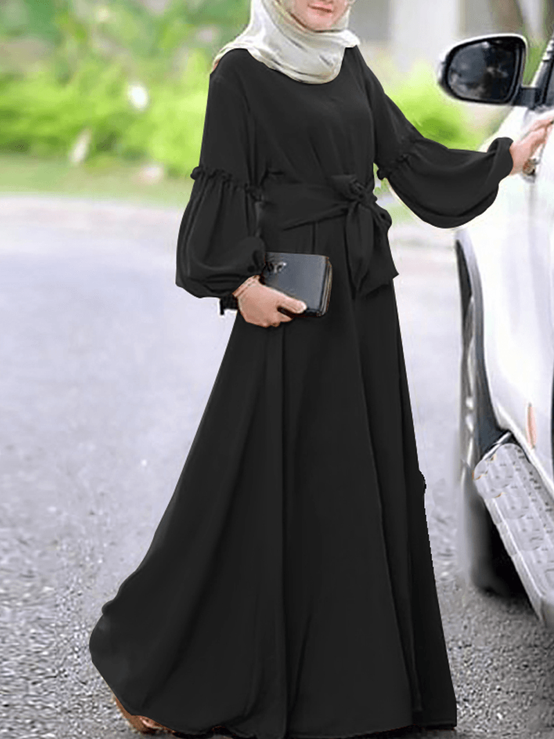 Women Long Sleeve Solid Color Belted O-Neck Button Maxi Dress - MRSLM