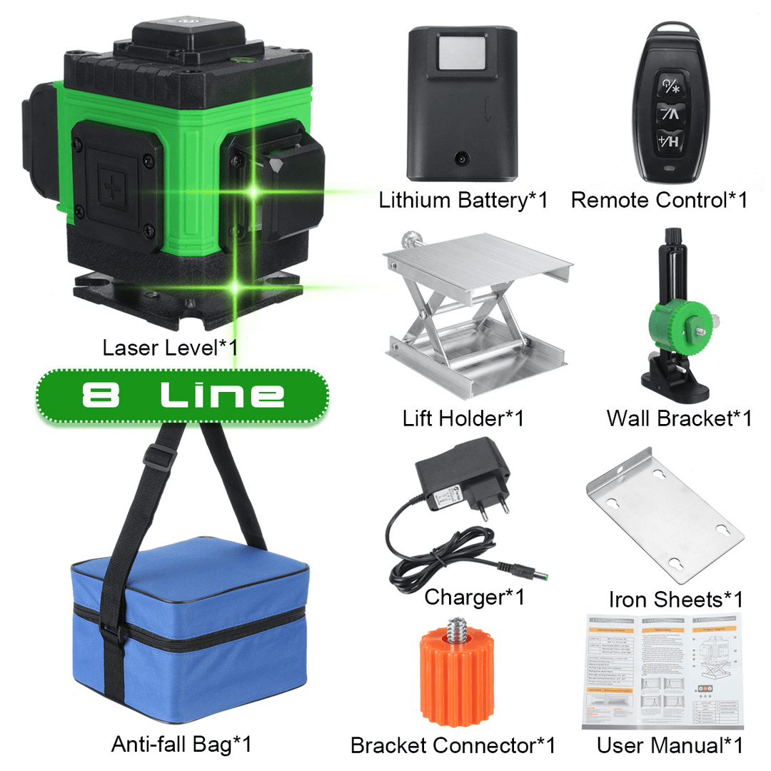 16/12/8 Line 4D 360° Horizontal Vertical Cross Green Light Laser Level Self-Leveling Measure Super Powerful Laser Beam - MRSLM