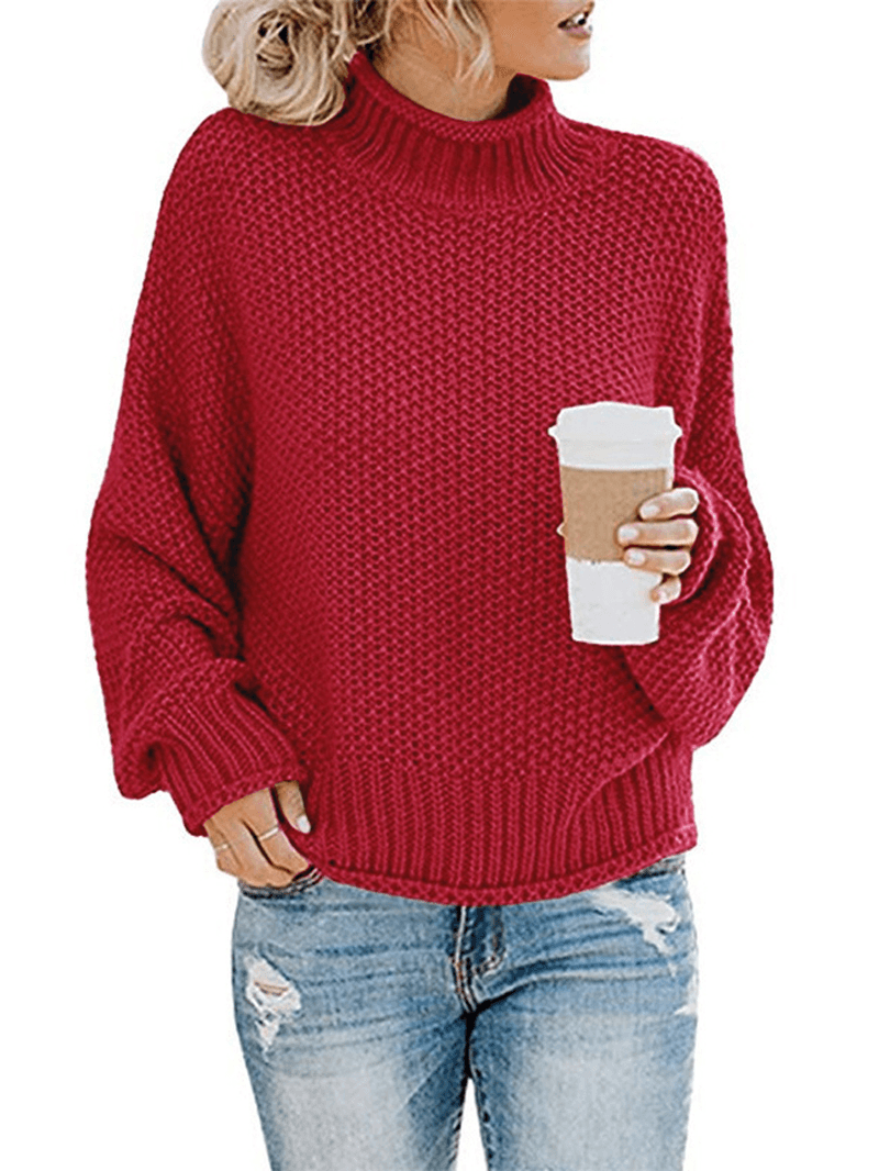 Casual Loose Long Sleeve High Collar Solid Color Pullover Sweaters for Women - MRSLM