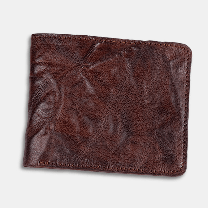 Men Genuine Leather Vintage Business Vegetable Tanned Cowhide Wear-Resistant Bifold Short Money Clips Coin Wallet - MRSLM