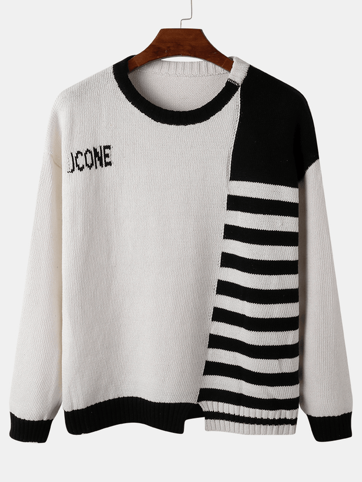 Mens Letter & Stripe round Neck Knitted Long Sleeve Sweaters - MRSLM