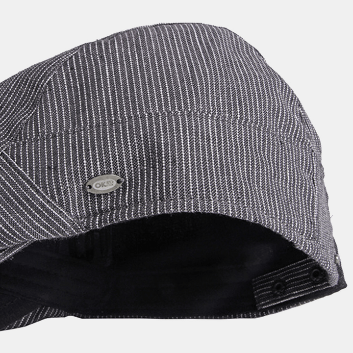 Men Cotton Linen Pinstripe Beret Cap British Retro Metal Label Adjustable Casual Flat Cap - MRSLM