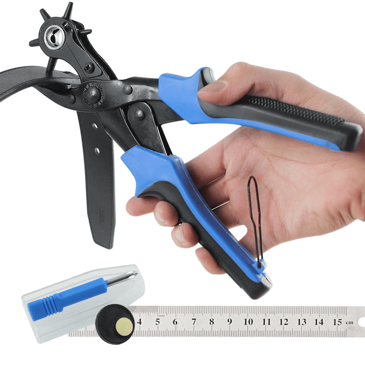 KA1 Heavy Duty Revolving Leather Belt Hole Punch Plier Tool with 2 Extra Punch Plates and Ruler Leather Craft Tool - MRSLM