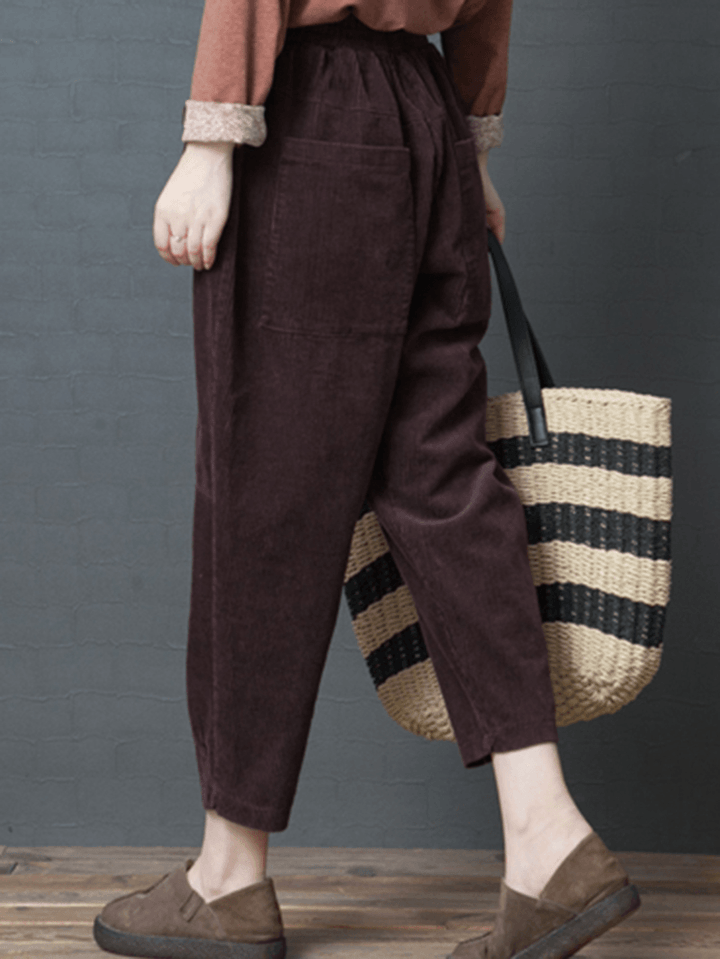 Women Elastic Waist Pocket Corduroy Pants - MRSLM