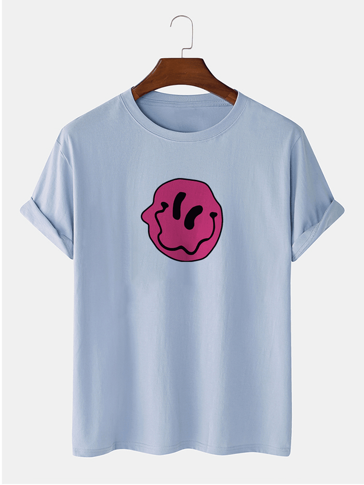 Mens 100% Cotton Smile Emojis Print round Neck Short Sleeve T-Shirts - MRSLM