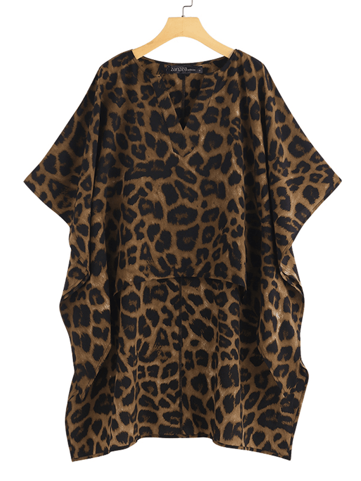 Women Leopard Print Irregular Hem V-Neck Casual Blouse - MRSLM