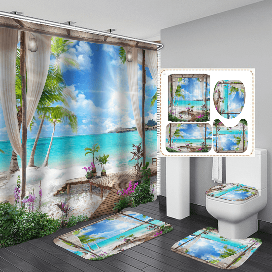 1/3Pcs Shower Curtain Set Bay Printing Toilet Cover Mat Bathroom Non-Slip Mat - MRSLM