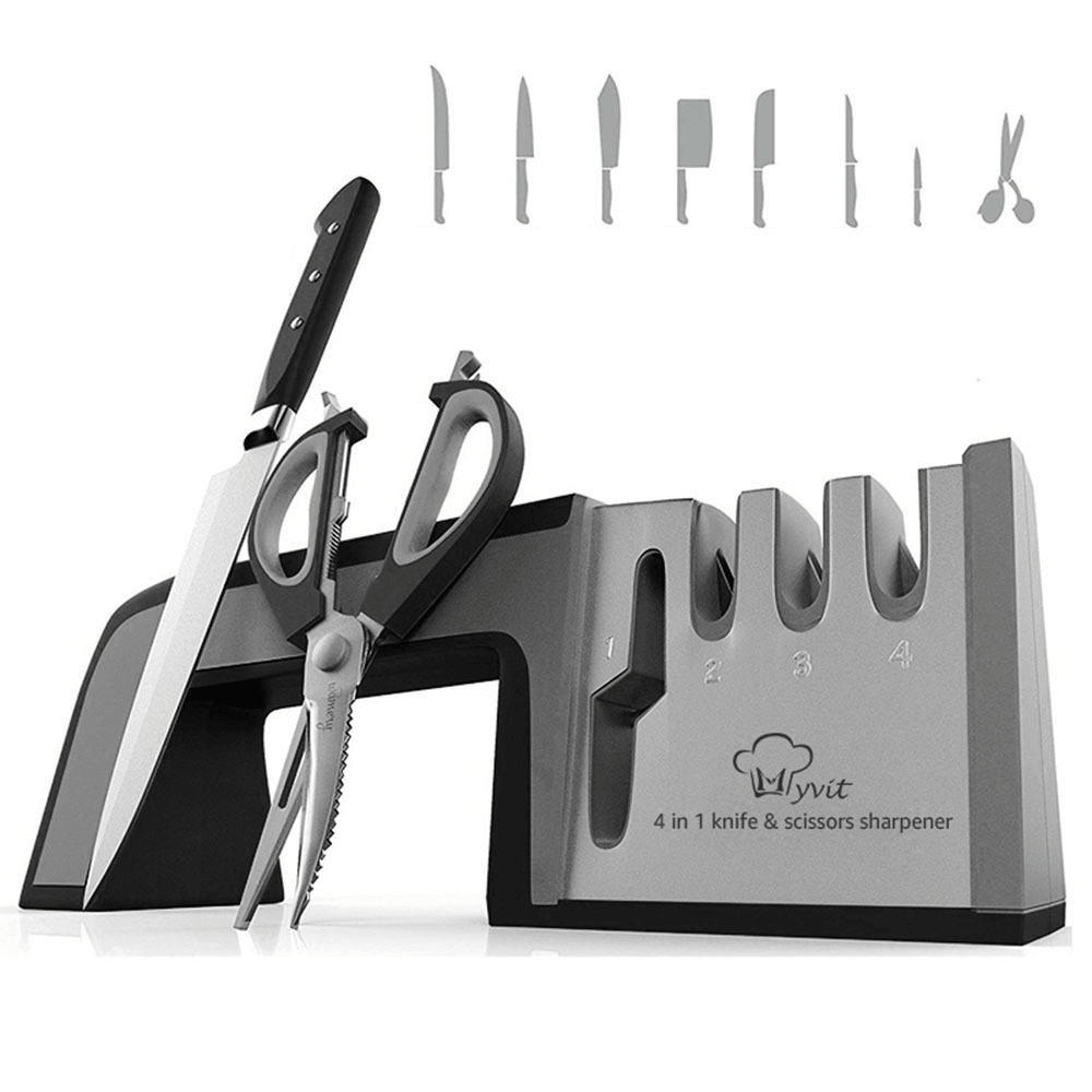 MYVIT Knife Sharpener 4 in 1 Diamond Coated & Fine Ceramic Rod Shears and Scissors Knife Sharpening Sharpen Stone - MRSLM