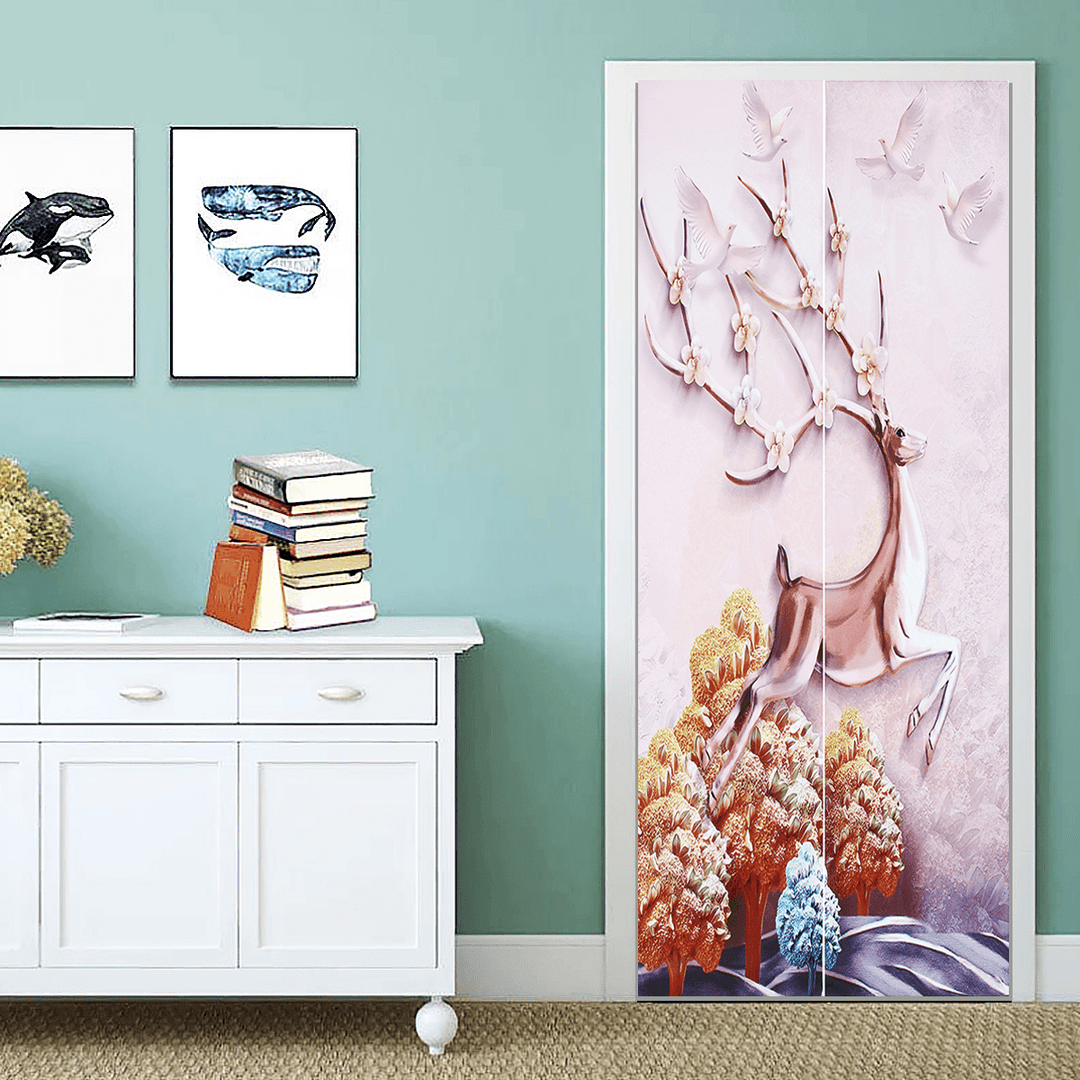 3D Door Wall Sticker Fridge Deer Sticker Wrap Mural Decal Art Decor Self Adhesive Room - MRSLM