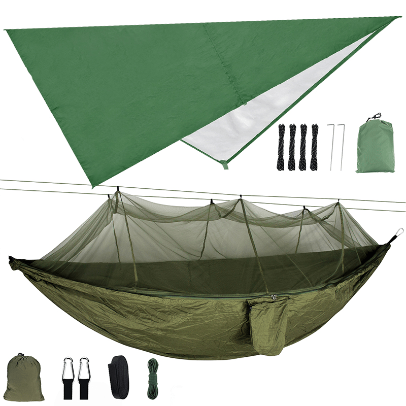 Double Person Camping Hammock with Mosquito Net + Awning Outdoor Hiking Travel Hanging Hammock Set Bearable 300Kg - MRSLM