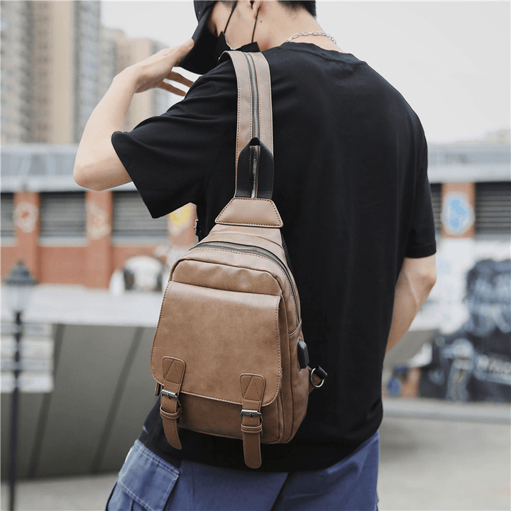 Men Retro Earphone Hole Multi-Carry USB Charging Multi-Layers Waterproof Crossbody Bag Chest Bag Sling Bag - MRSLM