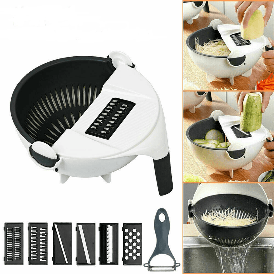 9 in 1 Multifunction Vegetable Cutter Drier Slicer Grater Rotated Vegetable Fruit Fruit Shredder Grater with Kitchen Drain Basket - MRSLM