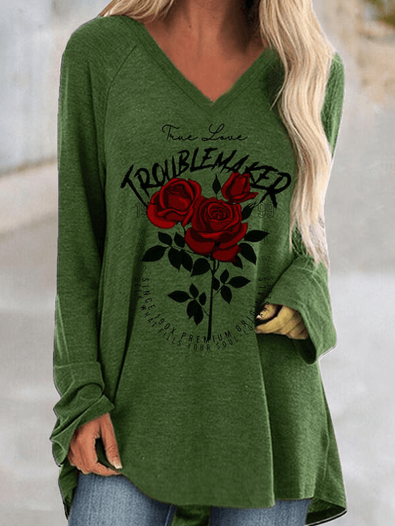 Women Calico Printed Long Sleeve V-Neck Casual Loose T-Shirt - MRSLM