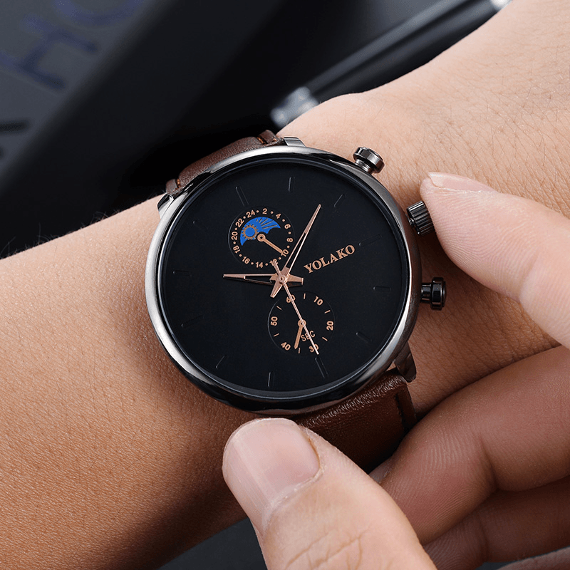 YOLAKO A0540 Masculino Fashion Style Waterproof Men Leather Strap Quartz Watch - MRSLM