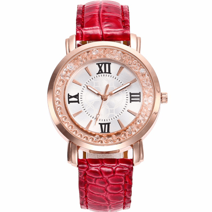 Fashion Rose Gold Flowing Crystal Roman Numerals Ladies Dress Bracelet Leather Women Quartz Watch - MRSLM